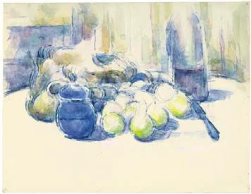 保罗·塞尚 《Still Life with Pears and Apples, Covered Blue Jar, and Bottle of Wine》