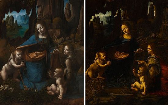 两幅《岩间圣母》，左藏于卢浮宫，右藏于英国国立美术馆