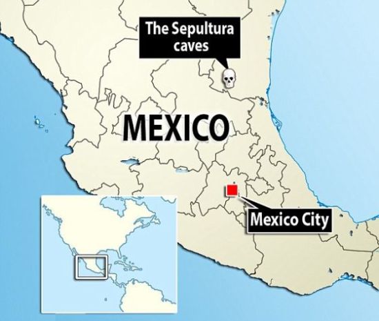 骷髅头所在位置便是塔毛利帕斯州的拉-瑟普尔图拉洞