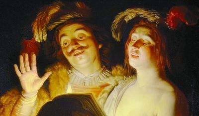 格里特·范·弘索斯特创作于17世纪的名画《二重唱》（局部）。