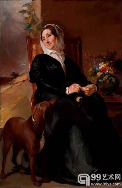 美国画家托马斯·萨利（Thomas Sully）1848年布上油画作品《萨拉·苏利和她的狗肖像画》（Sarah Sully and Her Dog）