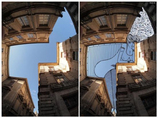 艺术家在高楼缝隙中的蓝天中尽情涂鸦
