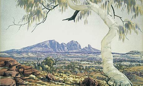 鬼桉树和麦克唐纳山脉的桑德山。澳大利亚土著艺术家Albert Namatjira 1953年作。 澳大利亚国立美术馆 供图