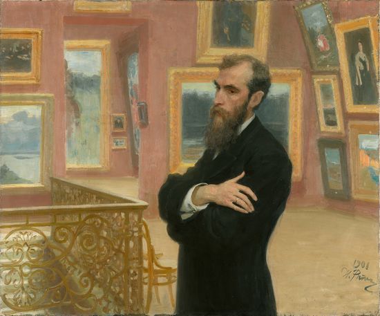 19世纪的俄国富商特列恰科夫收藏了当时大量的巡回画派画家作品，也因此，画家列宾曾坚持为他绘了一幅肖像，此肖像亦在展出之中。