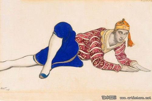 莱昂•巴克斯特，《瓦斯拉夫•尼金斯基东方诗集中国舞者服装设计稿》，1917年