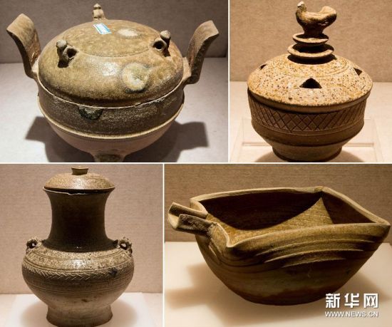 这是2月22日在江苏省盱眙县文物馆拍摄的东阳出土文物展品—陶器(拼版照片)。