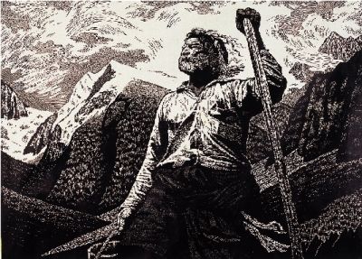 育林人（黑白木刻）  67×90厘米  1984年 其加达瓦