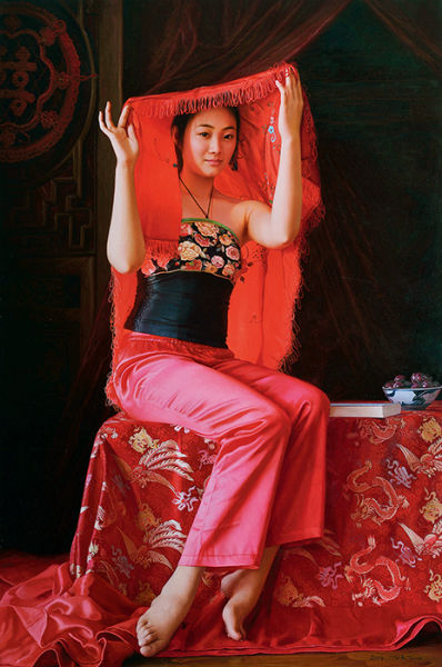 张元吉 《红盖头》布面油画 2014年作100×160 cm
