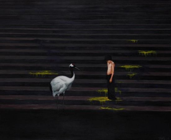 《鹤与少年》2013年作，油彩画布，178 x 215 公分 