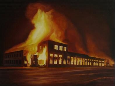 高峰作品《火在画面里其实是一种距离感》，2013，布面油画，80x60cm
