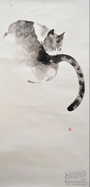 欧邹作品《猫2014-2》，2014，纸本水墨，130x70