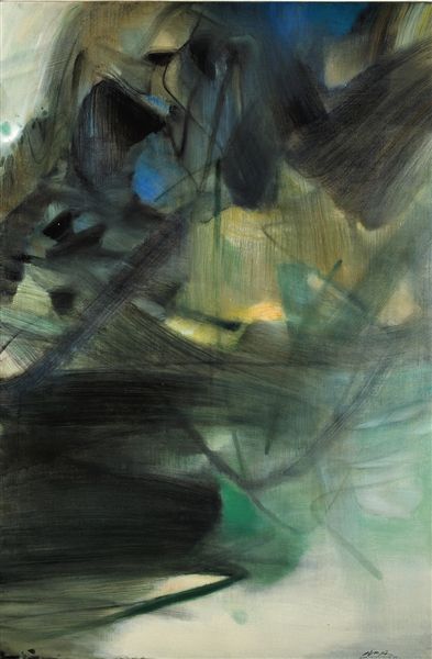 李可染的国画作品《纳凉图》(左图)和朱德群的油画作品《绿色的活力》（局部）同时在展览中亮相。虽是不同的艺术创作，却都能体现朴厚笃实的特点。
