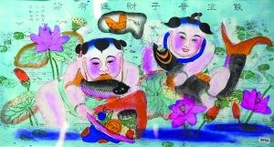 《双生贵子 财连有余》 天津杨柳青年画，清代版，两个娃娃、财宝、莲花和鲤鱼构成年画主题。