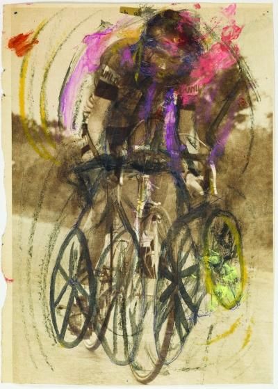 《一个骑自行车者的三重呈现》，油彩、粉彩、油彩棒和铅笔。