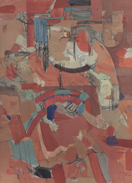 顾黎明，《五子登科——线版，红色版》，1998，布面油画，146 x 112cm 