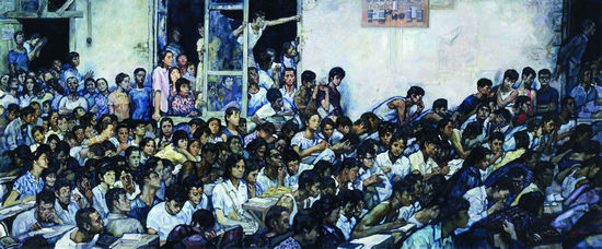 程丛林绘制的第一年恢复高考后，四川美院的学生群像，该作品的原作已经不知去向，此次展出的是2009年，艺术家根据记忆中的原作进行的重新创作。