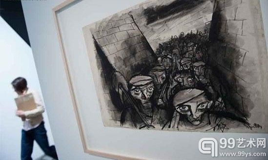 展览中展出的捷克斯洛伐克犹太裔平面设计师和艺术家Bedrich Fritta创作的纳粹集中营作品《开始工作》（1941-1944）。