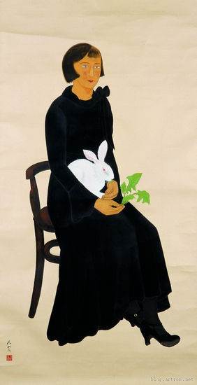 方人定作品《闲日》（1931） 纸本水墨设色 175×93cm 广东美术馆藏