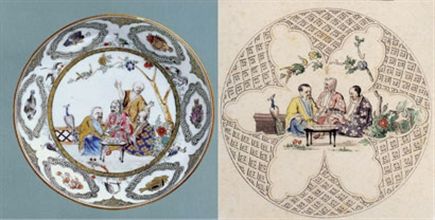 荷属东印度公司定制三博士釉上彩瓷图盘及其水彩设计稿