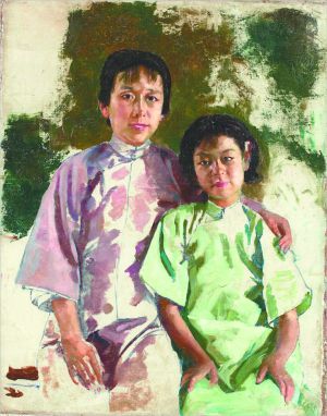 徐悲鸿约1930年创作的《孙佩苍夫人与女儿画像》