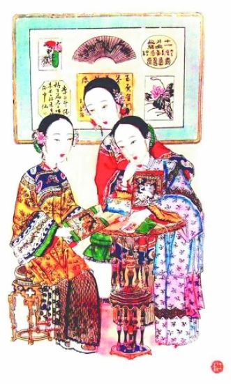 清代风俗类年画《绣补图》，出自天津杨柳青。