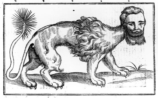 (图片：人头狮身龙尾的怪兽，《四足兽历史》的插图，爱德华·托普塞尔作，1607年)