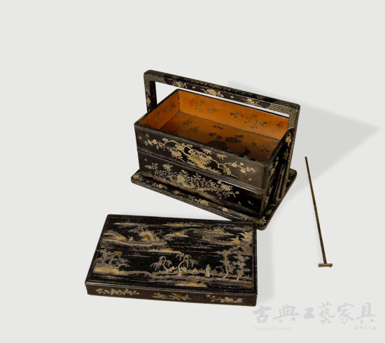 图3 清前期 黑漆嵌螺钿加金银片山水人物纹提盒