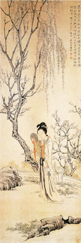 南京博物院藏陈崇光《柳下晓妆图》，行笔较细，为典型改、费仕女风格