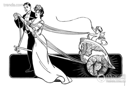 一百多年前的一则钻石信用广告，新人背后的爱神丘比特乘坐着用钻石作轮的贝壳车。