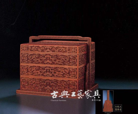 清 乾隆 剔红云蝠纹三层提盒，成交价898万元。（图片提供：香港佳士得）