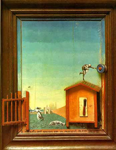 《被夜莺吓着了的两个孩子》，恩斯特作，1924年，板、木制构造物的拼贴、油彩，46x33厘米，纽约现代艺术博物馆藏。