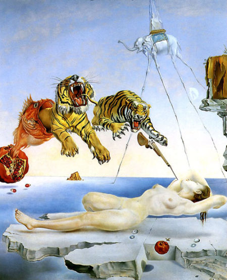 《由飞舞的蜜蜂引起的梦》，达利作，1944年，布上油画，51x44厘米，私人收藏。
