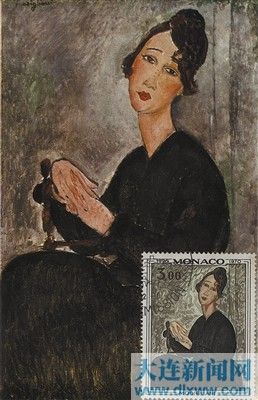 法国邮票极限片，其中邮票是画家的变体女人肖像，明信片是其作品和画家本人的自画像。