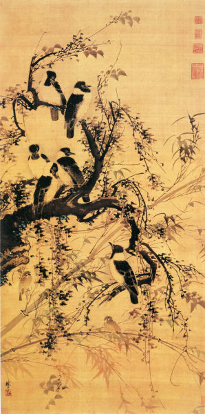 《秋林聚禽图》 绢本 设色 纵153厘米 横77厘米 广州美术馆藏