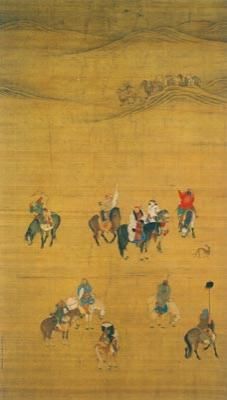 元世祖出猎图 刘贯道作 绢本设色，纵182.9，横104.1厘米，现藏于台北故宫博物院