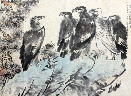 　　李苦禅《五只鹰》