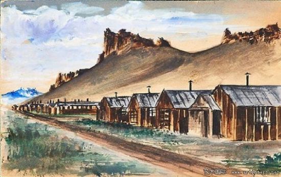 描绘日裔美国人的拘留营的水彩画