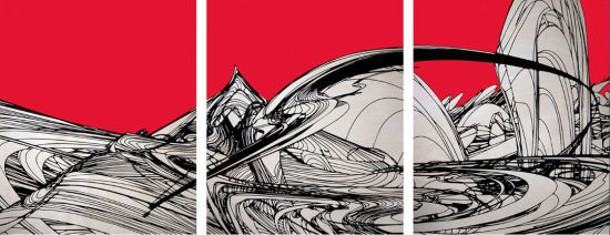 三联幅作品《 Inazuma》，作于2013 年。运用丙烯酸颜料和液体聚合物在桦木板上创作，尺寸24 x 62 英寸。