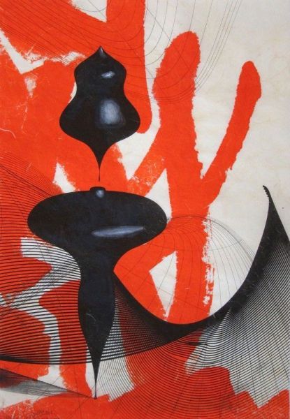 《 New Plastic Shodo #5 》，作于2013 年。黑墨汁和丙烯酸颜料作于金线纸(Kinwashi paper)上，尺寸12.25 x 18.75 英寸。