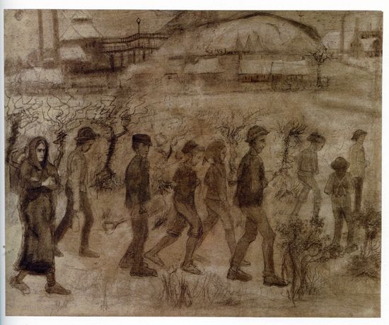 雪地里的矿工 1880年9月 　创作这幅作品前不久，凡·高才决心要走上艺术道路，因此此乃其最早以独立艺术家心态创作的作品。　　