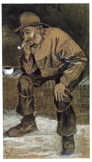 坐着的老渔夫 1883年1至2月 　这幅构图描绘一个老渔夫宁静地坐在矮墙上抽着烟斗，下方还隐约可见模特摆姿势时所坐的椅子。　