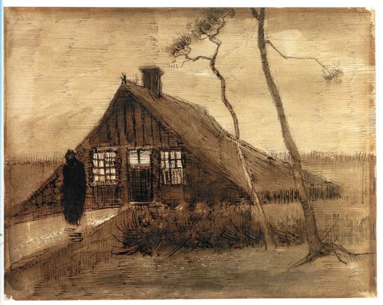 泥草屋(夜晚的泥炭小屋) 1883年10月 　凡·高在这幅素描中，让纸张原来的白色透过窗户展现出来，看起来似乎房子里正燃着火光，表现出了夜晚的印象。