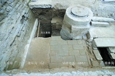 故宫南三所外东南电力井探方发现的城墙基础、铺砖地面与排水沟。