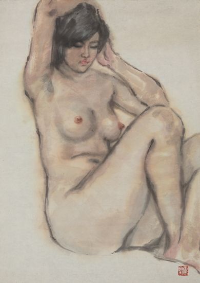 李震坚作品《女青年裸体坐像》（84.6cm×62.8cm）1980年代 浙江美术馆藏