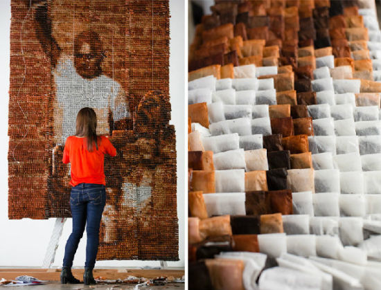 马来西亚艺术家用2万个茶包做巨幅人物画像