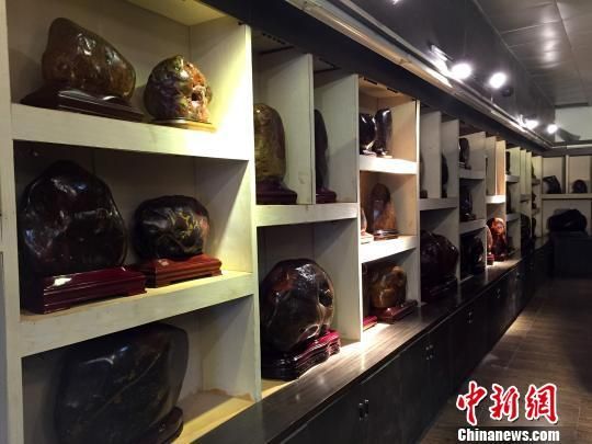 图为桂林一家奇石馆内的鸡血玉藏品。 杨陈 摄
