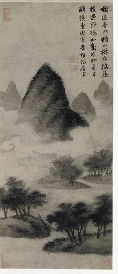 唐寅《云山图》轴，上海博物馆藏。此图乃仿米氏云山，烟云袅袅，山岚浮动，溪水新涨，野桥横陈，一高士策杖而过，行吟于烟云春树之间。墨气氤氲，虚实相生，为唐寅难得一见之作。自题：“树迷春雨暗山椒，自捻藤枝过