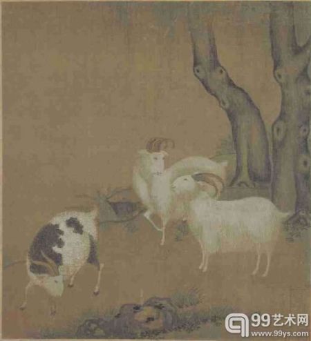 宋 三羊图页，绢本，设色，纵21.2cm，横20cm。现藏故宫博物院。