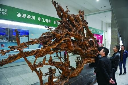 江北区，市民在观看根雕。　　记者 张路桥 摄