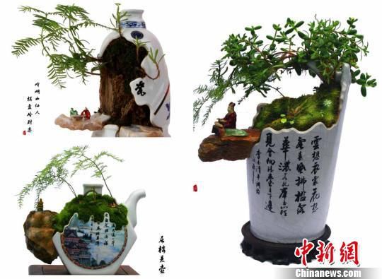 图为经过何文华变废为宝，创作而成的“艺瓷盆景”。郑兵　摄